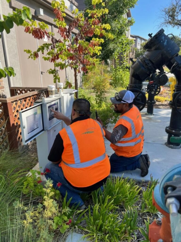 Workers inspecting a landscape